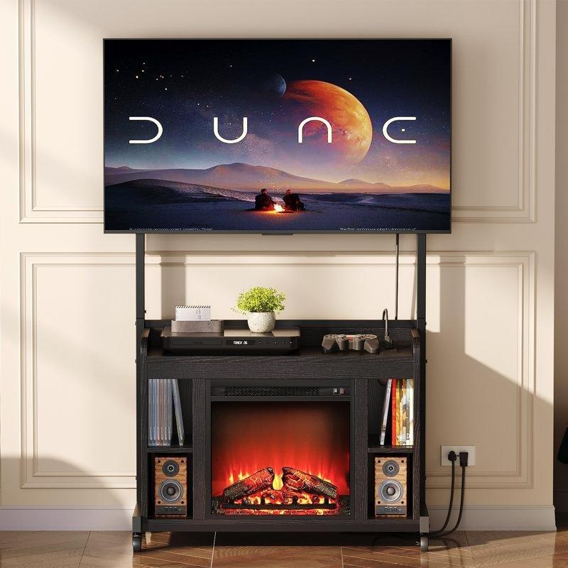 Siyah Yonga Levha Şömineli ve TV Askı Aparatlı Tekerlekli TV Ünitesi - 83x130 cm - 220898