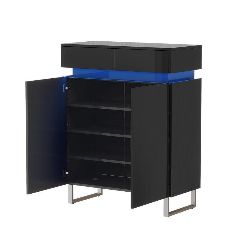 Siyah Yüksek Parlak PET MDF LED Aydınlatmalı 2 Çekmeceli Ayakkabılık Dolabı - 78 cm - 229284