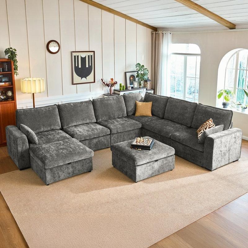 Şönil Kumaş Depolama Alanlı Yataklı 8 Kişilik U Şeklinde Modüler Koltuk Takımı - 396x297 cm - 194672