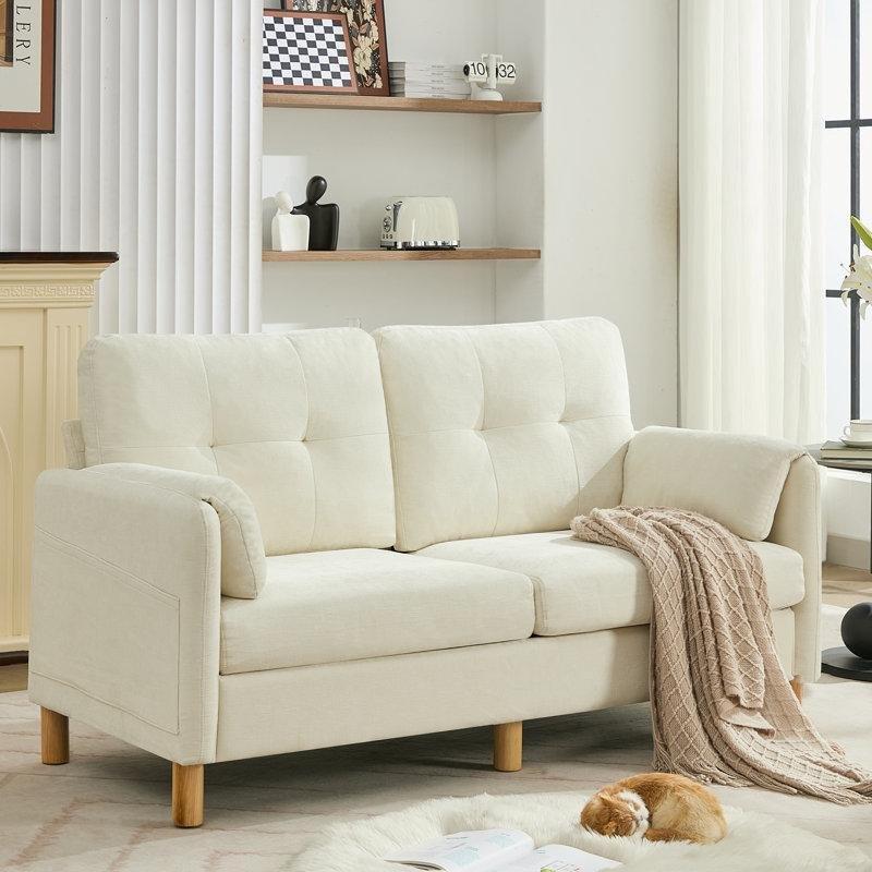 Şönil Kumaş Masif Ahşap Kapitoneli Yan Cepli İkili Koltuk - 167 cm - 206924