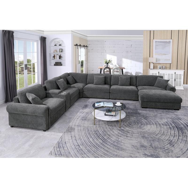 Şönil Kumaş Modüler USB Portlu Saklama Alanlı 7 Kişilik Köşe Koltuk Takımı - 195330