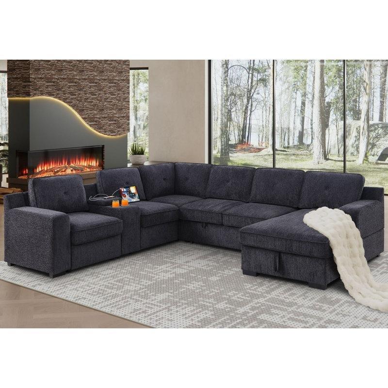 Şönil Kumaş Yataklı Depolamalı USB Portlu Masif Ahşap U Köşe Koltuk Takımı - 193403