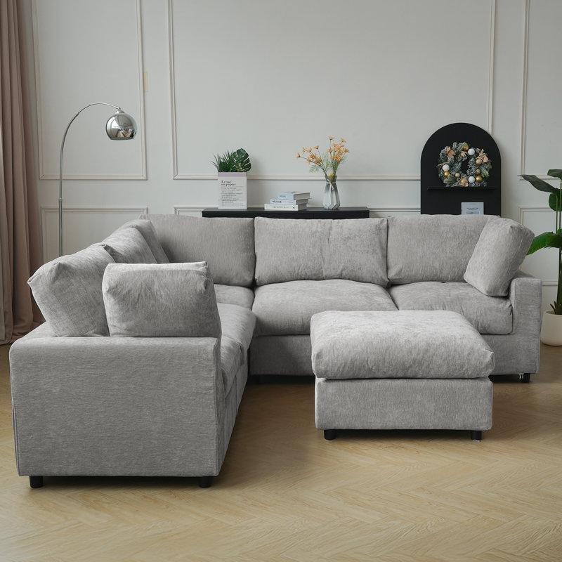 Şönil ve Pamuklu Keten Kumaş Kılıflı Modüler 5 Parça Puflu Köşe Koltuk Takımı - 256x256 cm - 194257