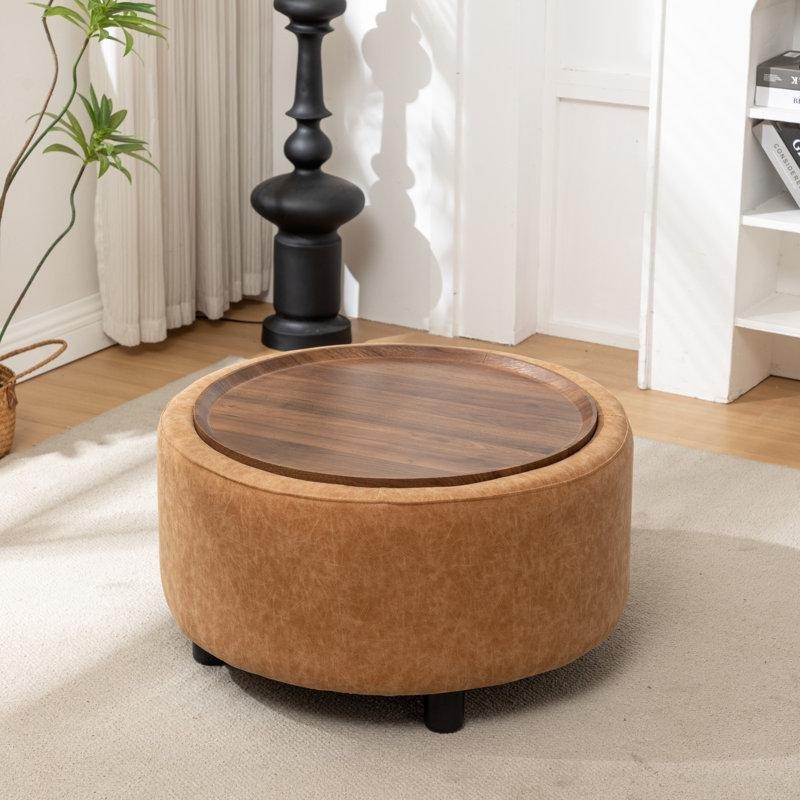Suni Deri Ahşap Tepsili Sandıklı Yuvarlak Puf - 72 cm - 165226