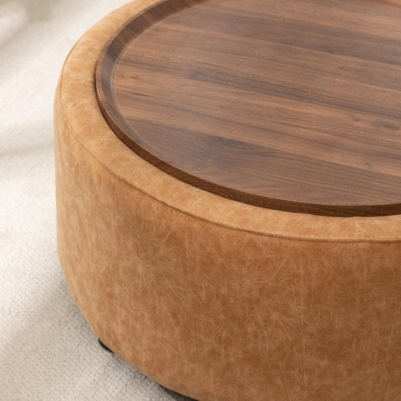 Suni Deri Ahşap Tepsili Sandıklı Yuvarlak Puf - 72 cm - 165226