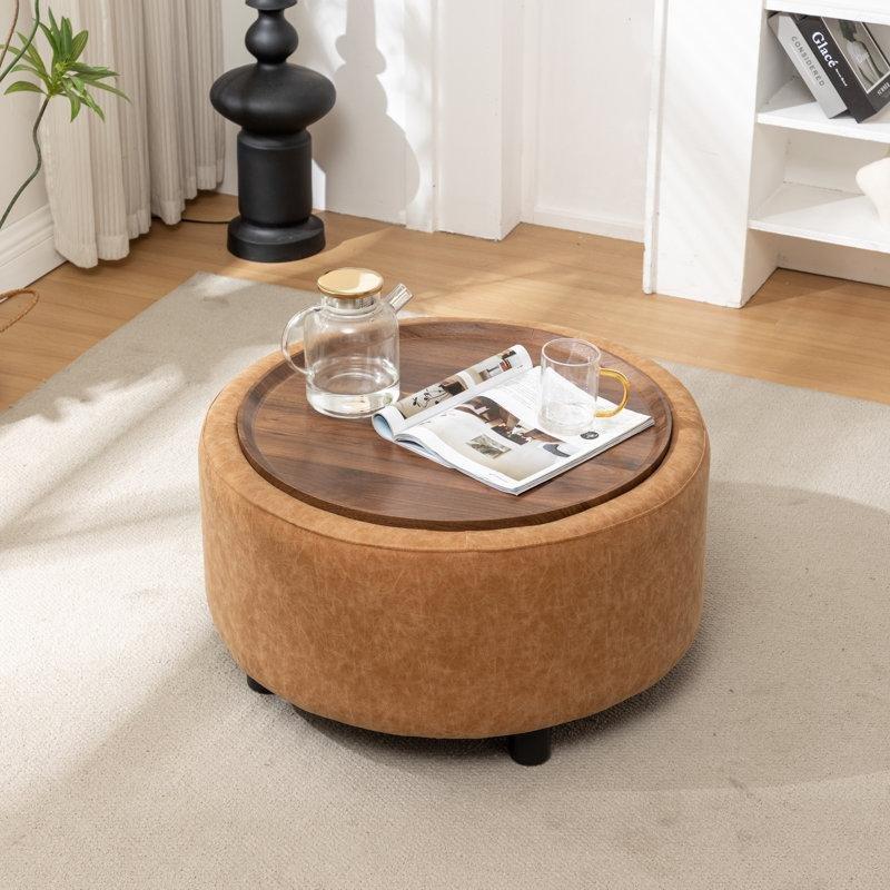 Suni Deri Ahşap Tepsili Sandıklı Yuvarlak Puf - 72 cm - 165226