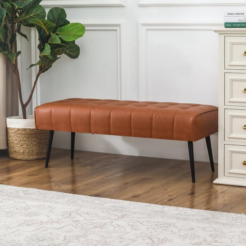 Suni Deri Döşemeli Kapitoneli Metal Ayaklı Ahşap Bench - 107 cm - 164623