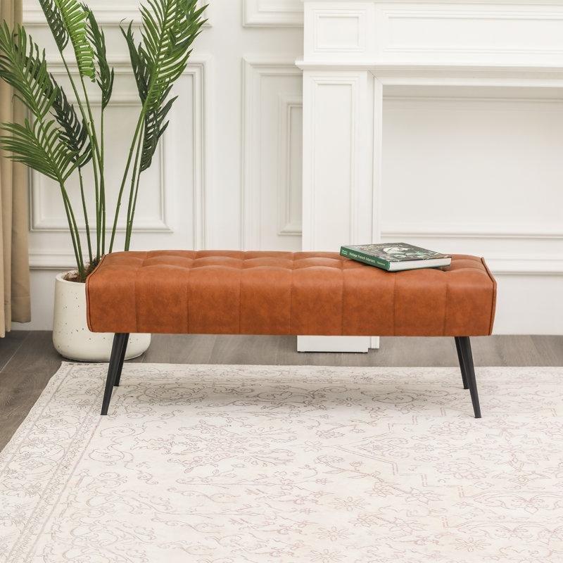 Suni Deri Döşemeli Kapitoneli Metal Ayaklı Ahşap Bench - 107 cm - 164623