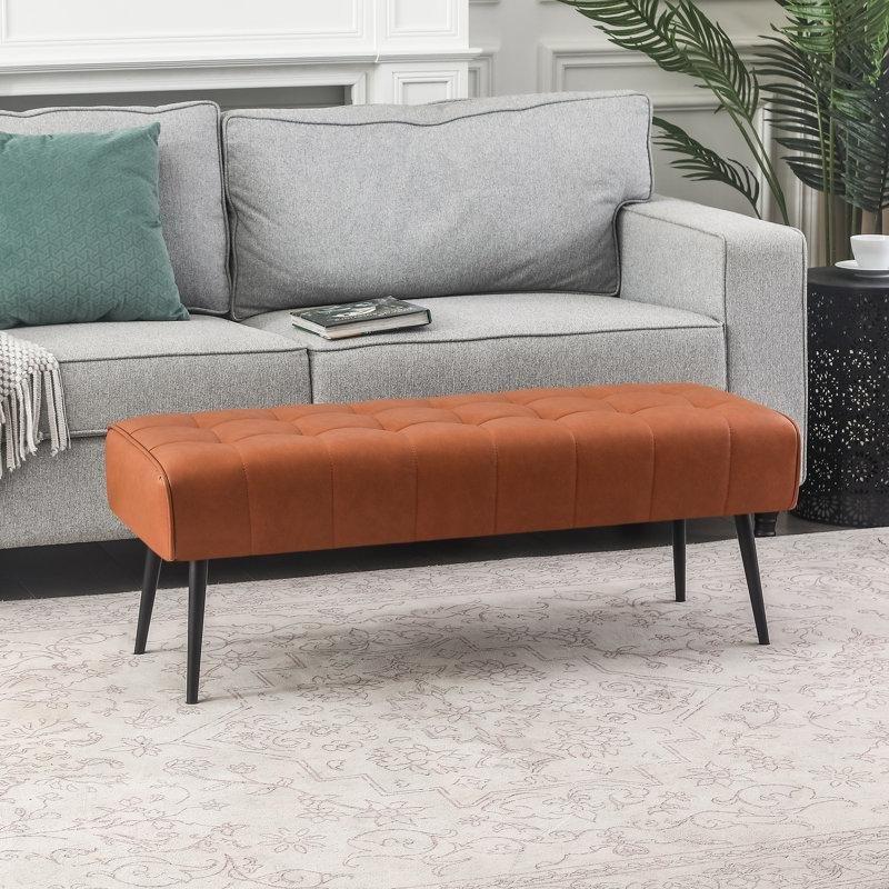 Suni Deri Döşemeli Kapitoneli Metal Ayaklı Ahşap Bench - 107 cm - 164623