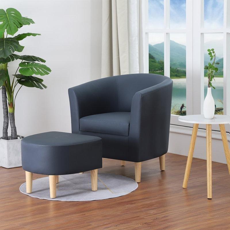 Suni Deri Döşemeli Masif Ahşap Ayaklı Puflu Fıçı Tasarım Tekli Koltuk - 69 cm - 203877