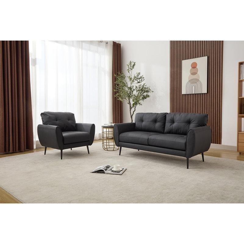 Suni Deri Düğme Kapitoneli Masif Ahşap Ayaklı Koltuk Takımı - 192293