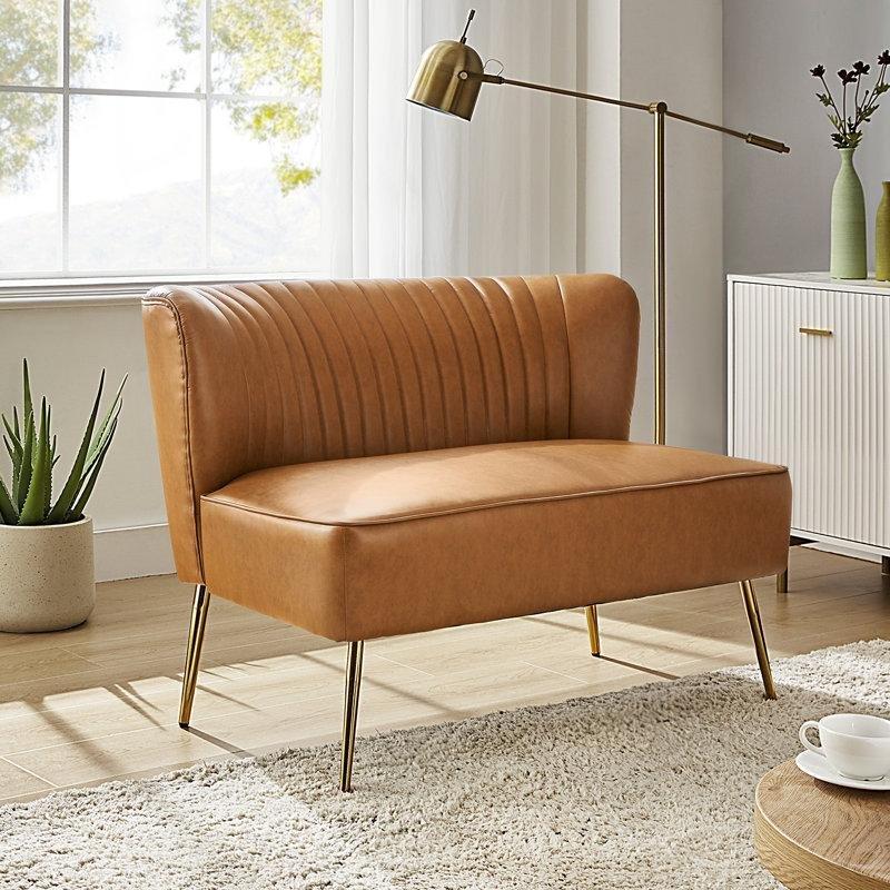 Suni Deri Kanal Kapitoneli Gold Metal Ayaklı Kolsuz İkili Koltuk - 120 cm - 196661