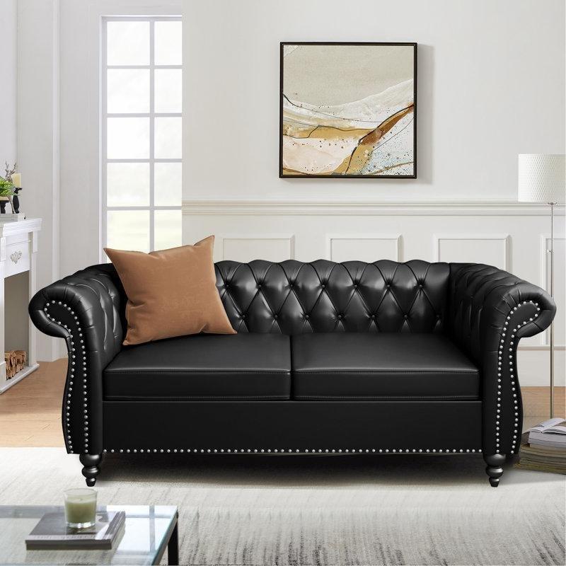 Suni Deri Kapitoneli Chesterfield İkili Koltuk - 158x82x73 cm - 207931