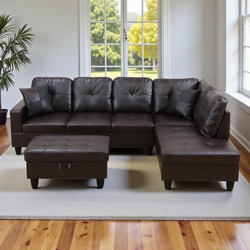 Suni Deri Kapitoneli Depolama Alanlı Modüler L Köşe Koltuk Takımı - 263 cm - 192822