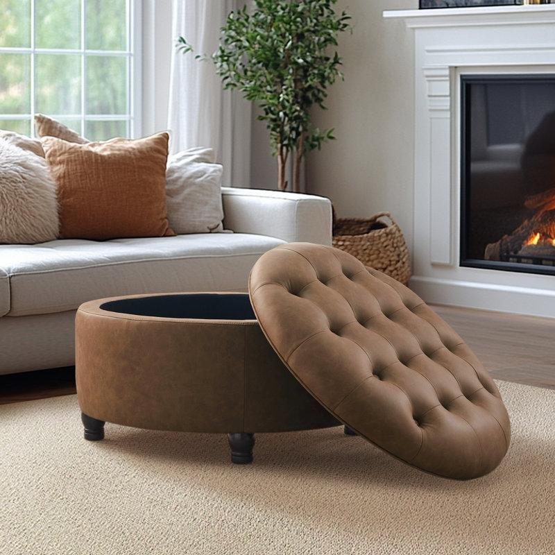 Suni Deri Kapitoneli Sandıklı Yuvarlak Puf - 75 cm - 165085