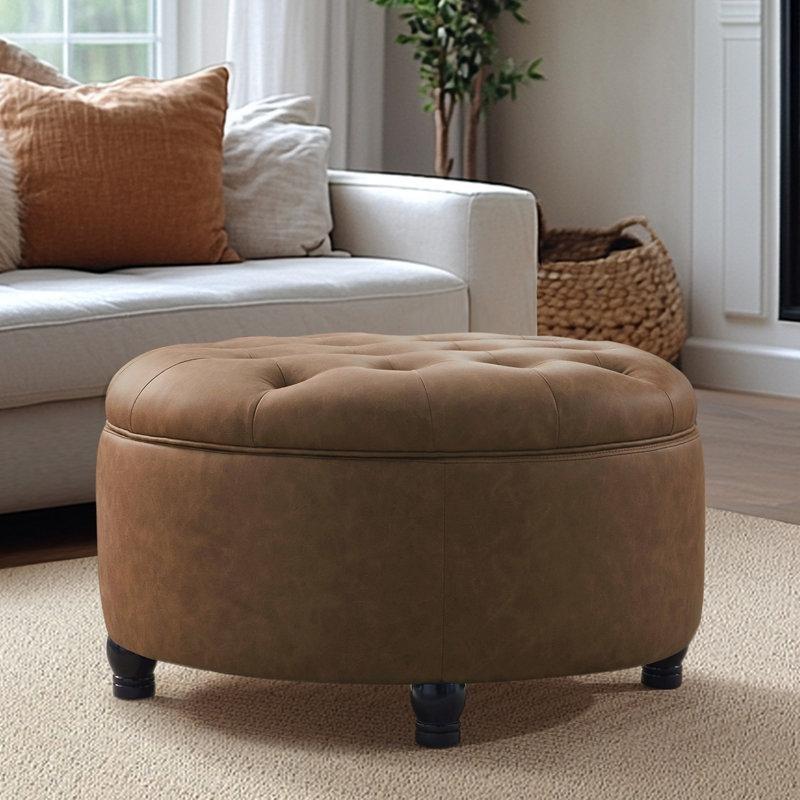 Suni Deri Kapitoneli Sandıklı Yuvarlak Puf - 75 cm - 165085