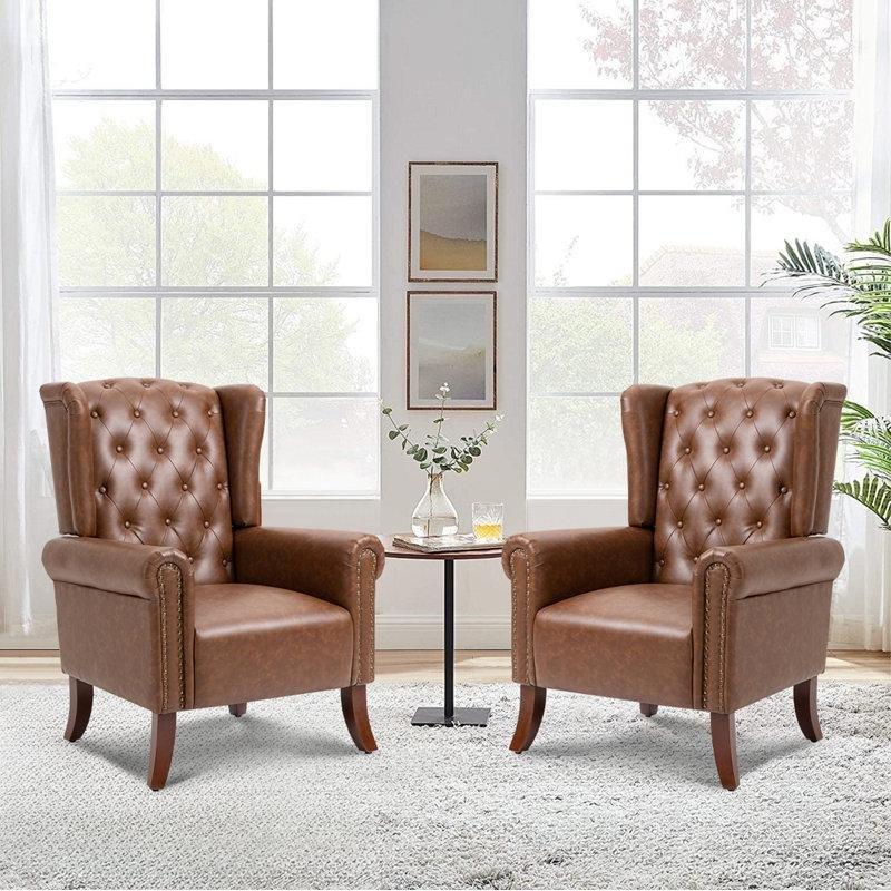 Suni Deri Kapitoneli Zımba Detaylı 2li Set Berjer Koltuk - 80 cm - 202266