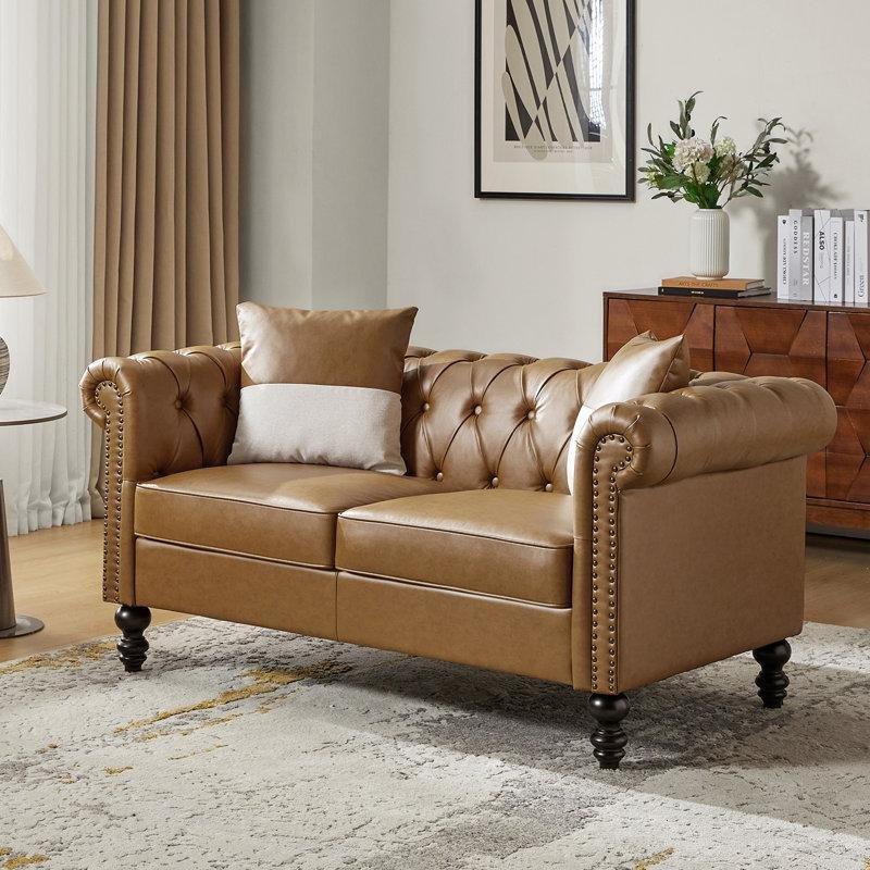 Suni Deri Kapitoneli Zımba Detaylı Chesterfield İkili Koltuk - 158 cm - 197362