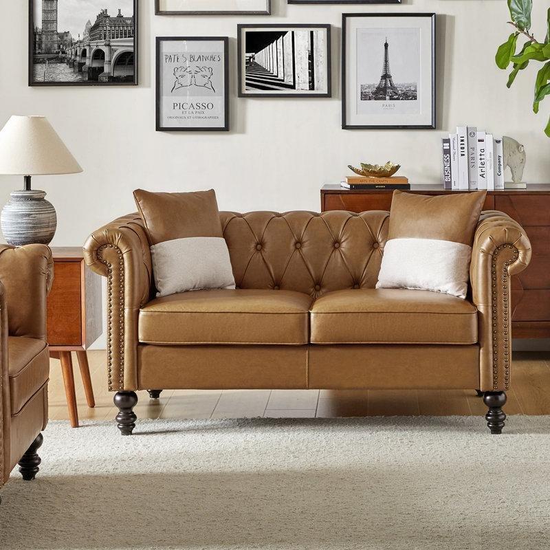 Suni Deri Kapitoneli Zımba Detaylı Chesterfield İkili Koltuk - 158 cm - 197362