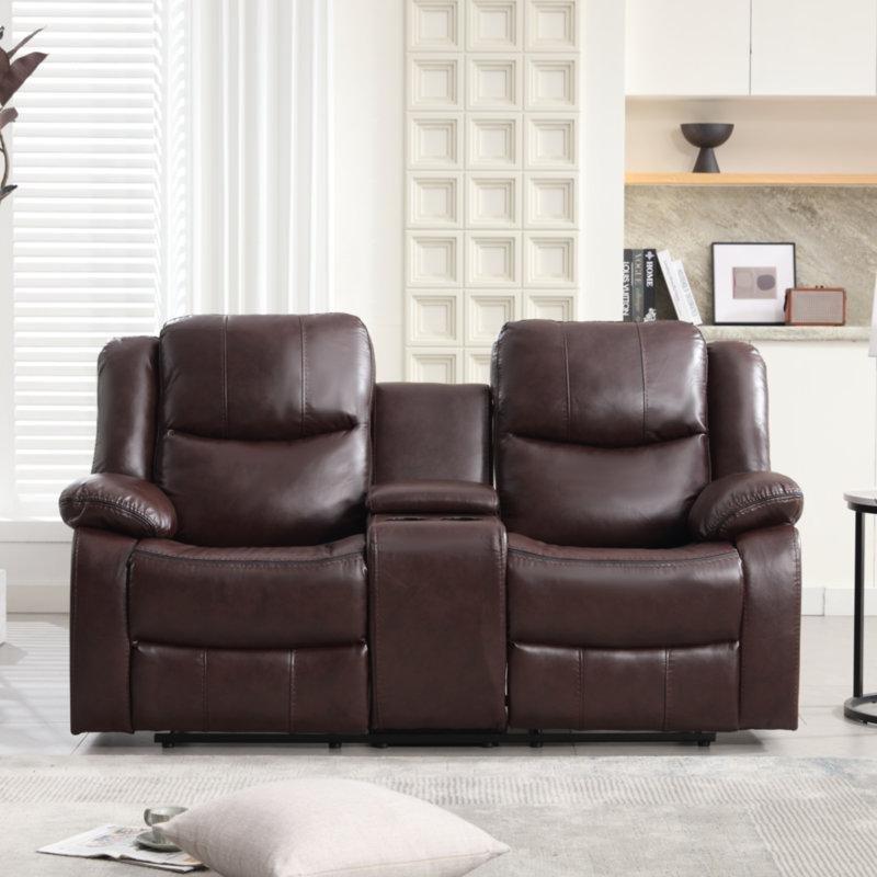 Suni Deri Manuel Yatar Mekanizmalı Depolamalı ve Bardaklıklı İkili Koltuk - 185 cm - 208683