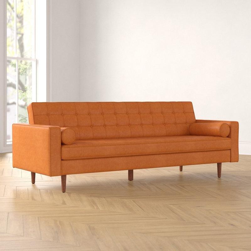 Suni Deri Masif Ahşap Ayaklı Kapitoneli 3 Kişilik Koltuk - 216 cm - 195315