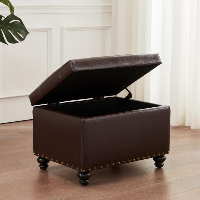 Suni Deri Masif Ahşap Ayaklı Sandıklı Kapitoneli Puf - 60x48 cm - 165286