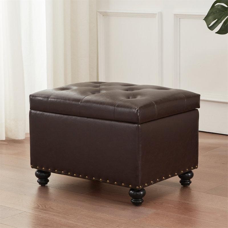 Suni Deri Masif Ahşap Ayaklı Sandıklı Kapitoneli Puf - 60x48 cm - 165286