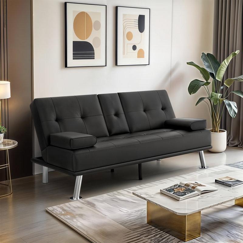Suni Deri Yatak Olabilen Bardaklıklı İkili Koltuk - 166x93x79 cm - 206527