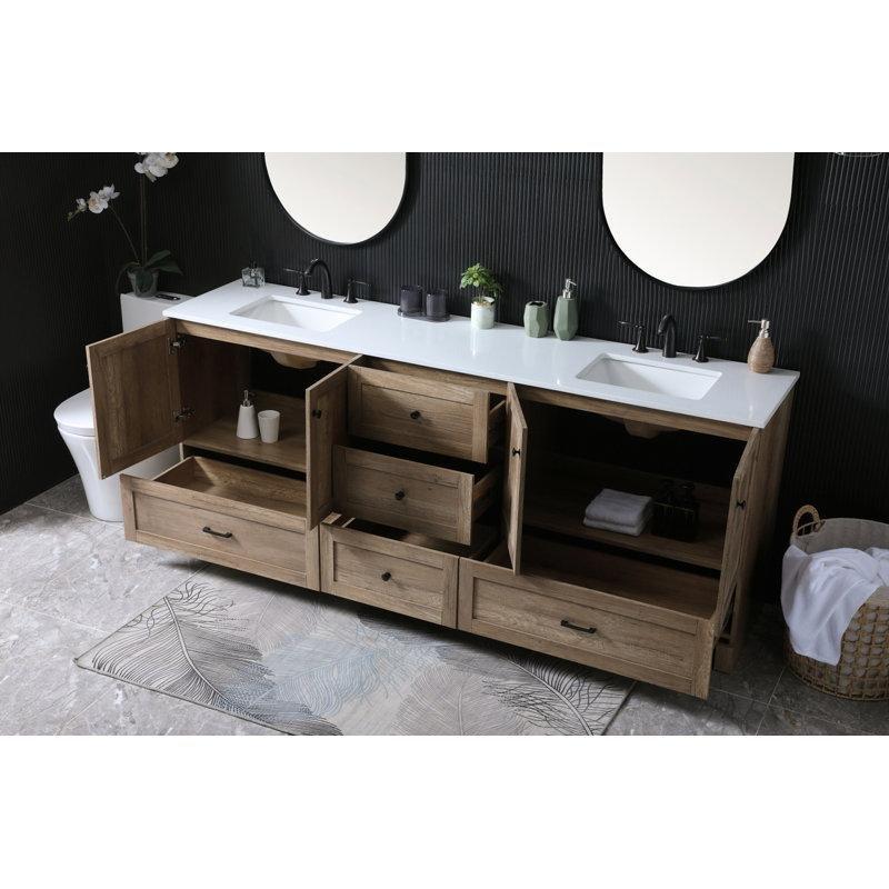 Suni Mermer Tezgahlı Ahşap Desenli Çift Lavabolu Yavaş Kapanır Banyo Lavabo Dolabı - 214 cm - 198459