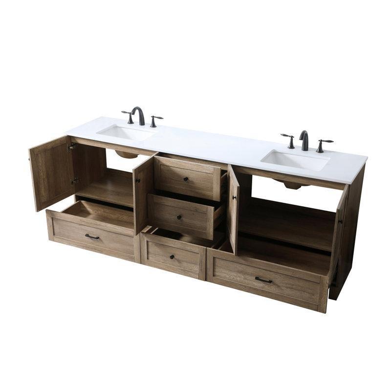 Suni Mermer Tezgahlı Ahşap Desenli Çift Lavabolu Yavaş Kapanır Banyo Lavabo Dolabı - 214 cm - 198459