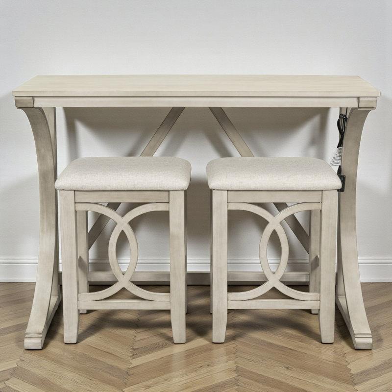 Süt Beyazı Masif Ahşap USB Portlu ve İki Tabureli Country Koltuk Arkası Dresuar - 120x46x92 cm - 217444