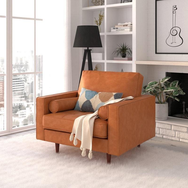 Taba Hakiki Deri Kapitoneli Masif Ahşap Ayaklı Tekli Koltuk - 106 cm - 203992