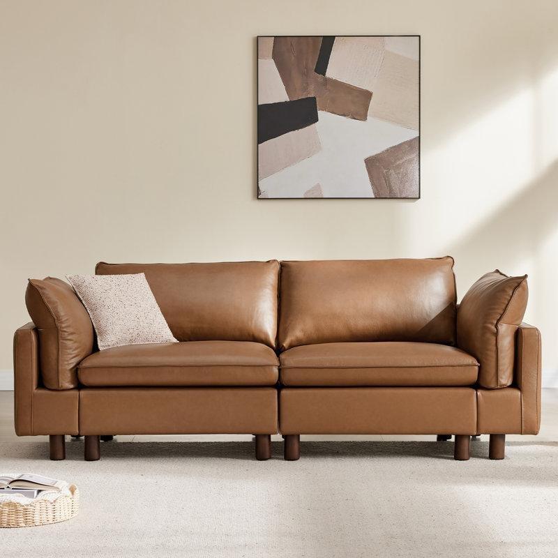 Taba Hakiki Deri Masif Ahşap Ayaklı Modüler İkili Koltuk - 234 cm - 206265