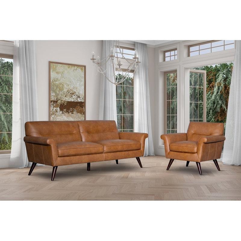 Taba Hakiki Deri Yüzyıl Ortası Modern Tasarım Masif Ahşap Ayaklı Koltuk - 211 cm - 196691