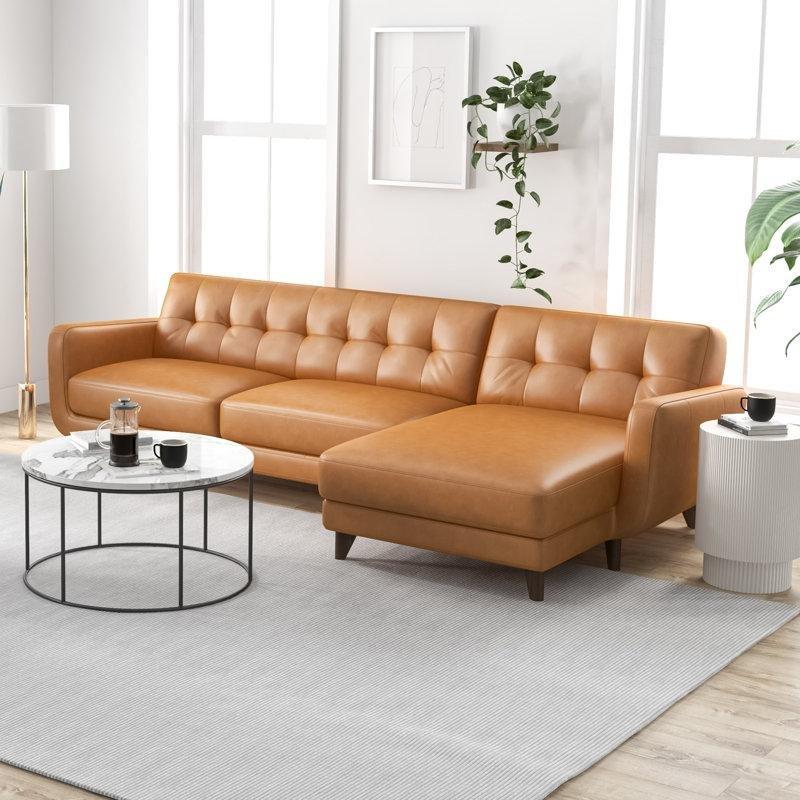 Taba Rengi Hakiki Deri Kapitoneli L Şekilli Şezlonglu Koltuk - 282 cm - 193399