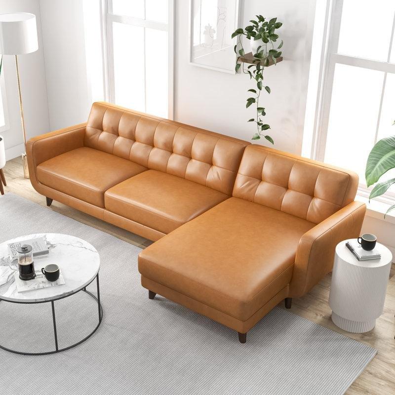 Taba Rengi Hakiki Deri Kapitoneli L Şekilli Şezlonglu Koltuk - 282 cm - 193399