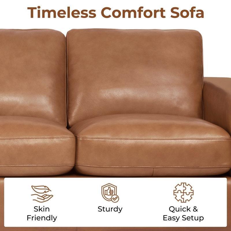 Taba Rengi Hakiki Deri Masif Ahşap Kare Kollu Üçlü Koltuk - 188 cm - 196495