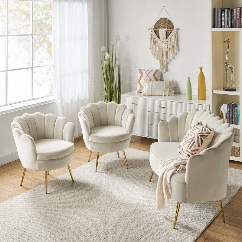 Taba Rengi Kadife Kapitoneli Deniz Kabuğu Tasarım Koltuk Takımı - 191506