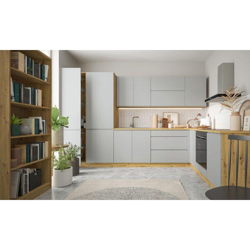 Taş Grisi ve Zanaatkar Meşe MDF Akrilik L Tipi Kulpsuz Soft-Close Tam Açılır Çekmeceli Mutfak Modeli - 330x225 cm - 184958