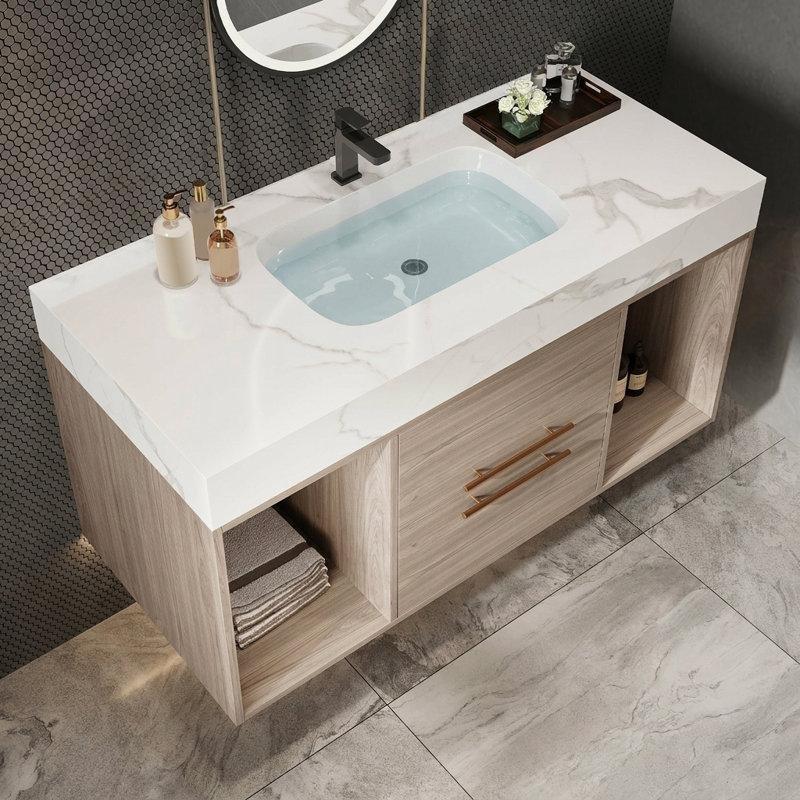 Taş Tezgahlı Açık Meşe Masif Ahşap Duvara Monte 2 Çekmeceli Banyo Lavabo Dolabı - 100 cm - 197788