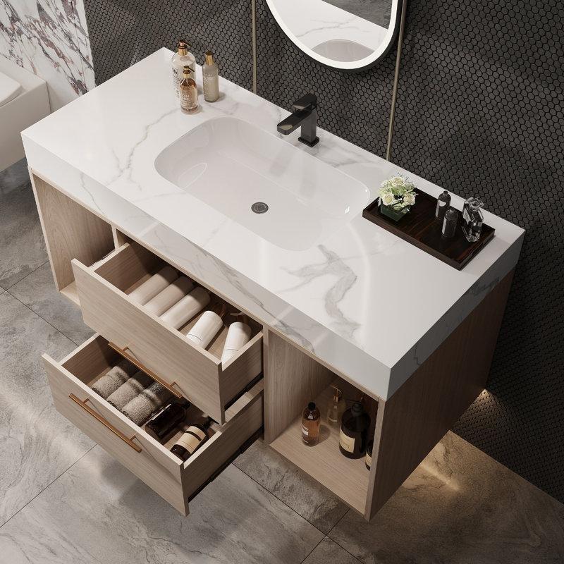 Taş Tezgahlı Açık Meşe Masif Ahşap Duvara Monte 2 Çekmeceli Banyo Lavabo Dolabı - 100 cm - 197788
