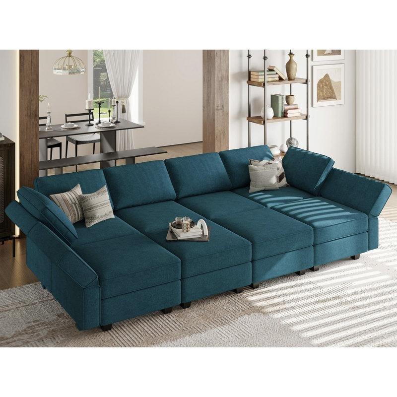 Tavus Kuşu Mavisi Havlu Kumaş Modüler Yataklı Çift Yönlü Köşe Koltuk Takımı - 297 cm - 193380