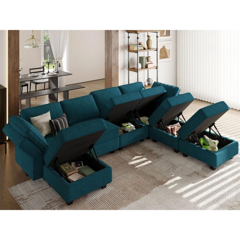 Tavus Kuşu Mavisi Havlu Kumaş Saklama Alanlı Modüler U Köşe Koltuk Takımı - 296x215 cm - 193061