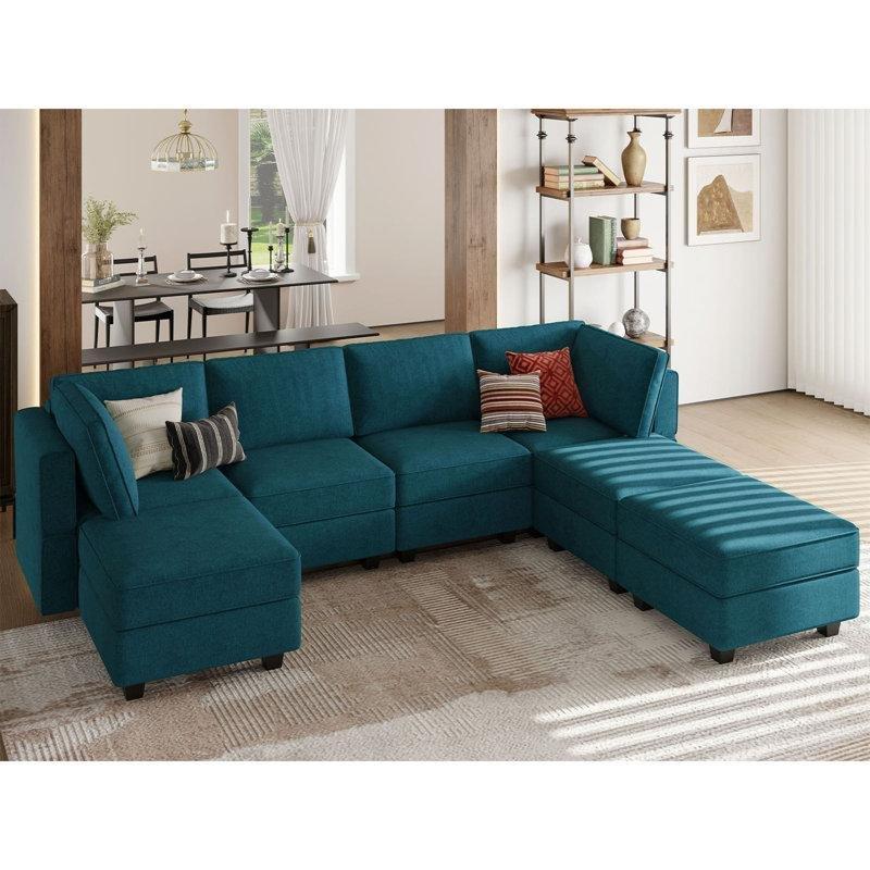 Tavus Kuşu Mavisi Havlu Kumaş Saklama Alanlı Modüler U Köşe Koltuk Takımı - 296x215 cm - 193061