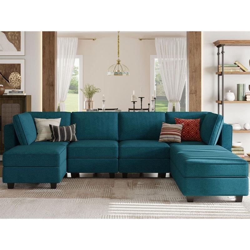 Tavus Kuşu Mavisi Havlu Kumaş Saklama Alanlı Modüler U Köşe Koltuk Takımı - 296x215 cm - 193061