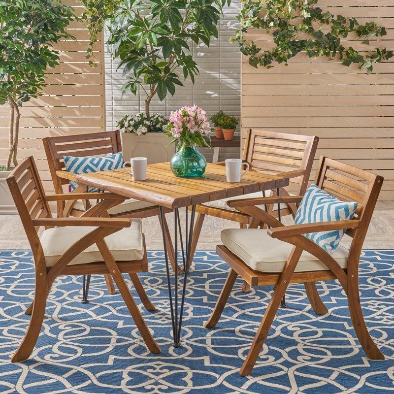 Teak Rengi Akasya Ahşap Minderli 4 Kişilik Kare Bahçe Masa Takımı - 83x83 cm - 213123