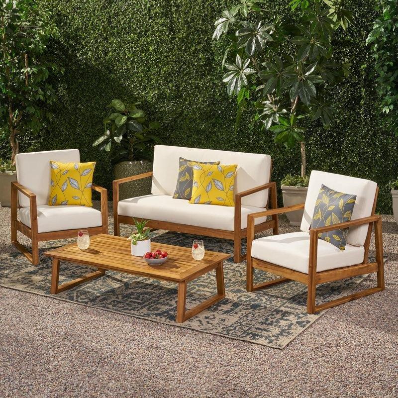 Teak Rengi Masif Akasya Ağacı 4 Kişilik Minderli Suya Dayanıklı Bahçe Takımı - 209654