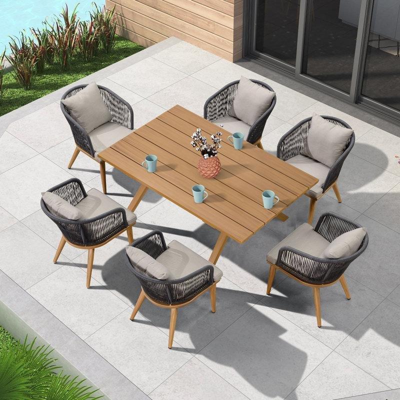 Teak Rengi Metal ve Rattan Minderli 6 Kişilik Dikdörtgen Bahçe Masa Takımı - 161x98 cm - 216752