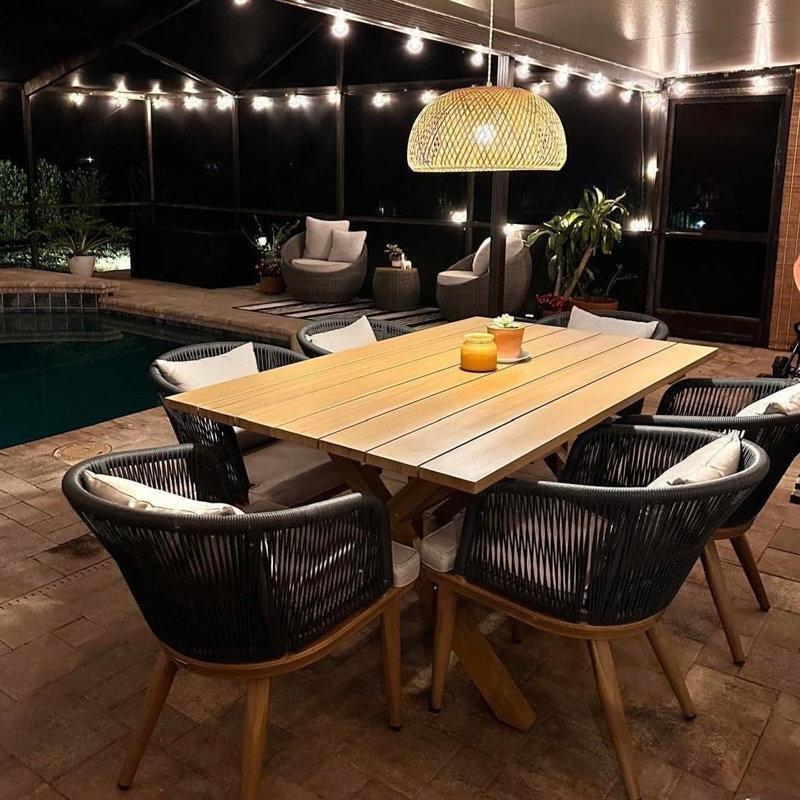 Teak Rengi Metal ve Rattan Minderli 6 Kişilik Dikdörtgen Bahçe Masa Takımı - 161x98 cm - 216752