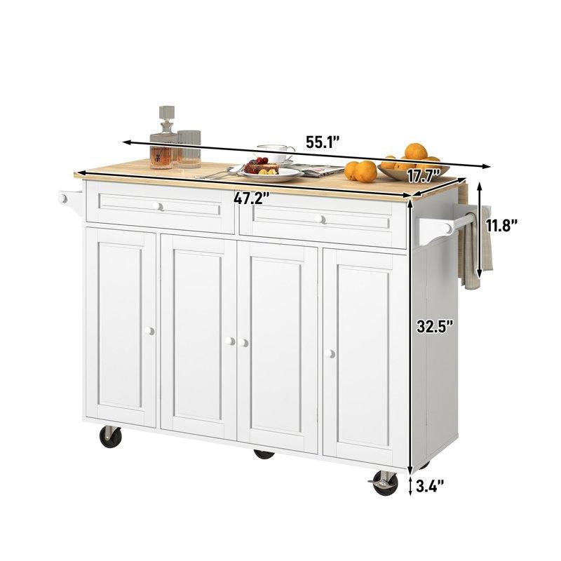 Tekerlekli Açılır Kapanır Masif Ahşap Tezgahlı Çekmeceli Dolaplı Mutfak Adası - 140 cm - 176493